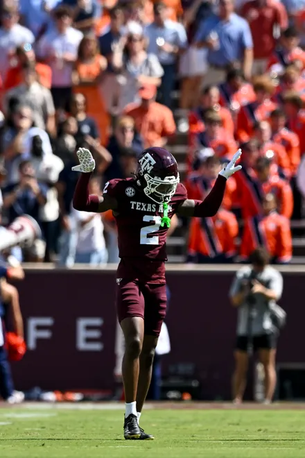 Sep 27, 2025; College Station, Texas, USA; Texas A & M Aggies cornerback Dezz Ricks (2) motions during the first half against the Auburn Tigers at Kyle Field. Mandatory Credit: Maria Lysaker-Imagn Images