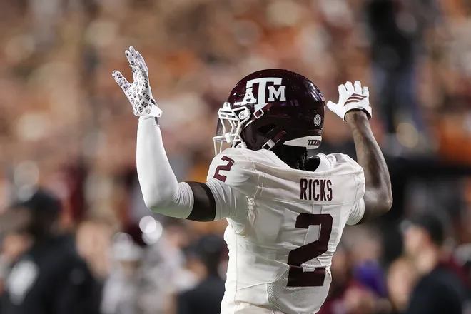 AUSTIN, TEXAS - NOVEMBER 28: Dezz Ricks #2 of the Texas A & M Aggies reacts during the first quarter against the Texas Longhorns at Darrell K Royal-Texas Memorial Stadium on November 28, 2025 in Austin, Texas. (Photo by Alex Slitz/Getty Images)
