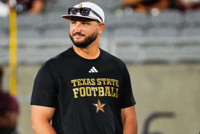 Sep 13, 2025; Tempe, Arizona, USA; Texas State Bobcats head coach G. J. Kinne before the game between Arizona State Sun Devils and Texas State Bobcats. Mandatory Credit: Arianna Grainey-Imagn Images