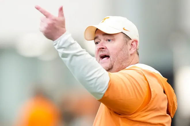 Tennessee coach Josh Heupel during the Vols' spring football practice in Knoxville on March 17, 2026.