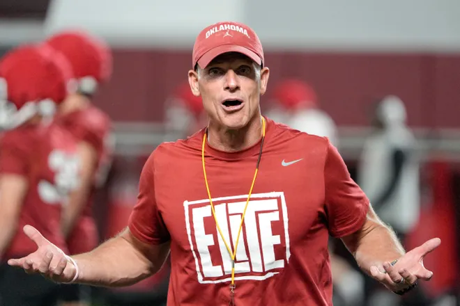 Head coach Brent Venables walks on the field during an Oklahoma (OU) football practice in Norman, Okla., on Wednesday, March 25, 2026.
