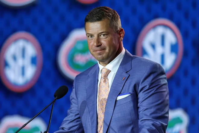 Jul 22, 2026; Tampa, FL, USA; Florida Gators head coach Jon Sumrall speaks to the press during SEC Football Kickoff Media Day at the Tampa Marriott. Mandatory Credit: Nathan Ray Seebeck-Imagn Images
