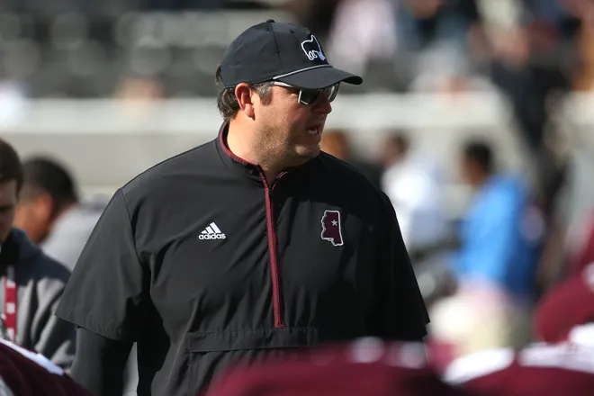 Nov 28, 2025; Starkville, Mississippi, USA; Mississippi State Bulldogs head coach Jeff Lebby looks on before the game against the Mississippi Rebels at Davis Wade Stadium at Scott Field. Mandatory Credit: Petre Thomas-Imagn Images