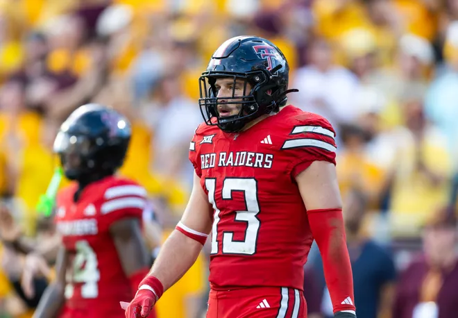 Oct 18, 2025; Tempe, Arizona, USA; Texas Tech Red Raiders linebacker Ben Roberts (13) against the Arizona State Sun Devils at Mountain America Stadium. Mandatory Credit: Mark J. Rebilas-Imagn Images