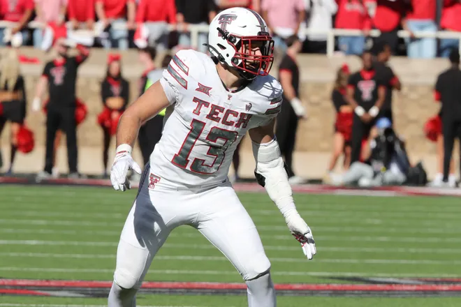 Nov 8, 2025; Lubbock, Texas, USA;  Texas Tech Red Raiders defensive back Ben Roberts (13) in the second half against the Brigham Young Cougars at Jones AT & T Stadium. Mandatory Credit: Michael C. Johnson-Imagn Images