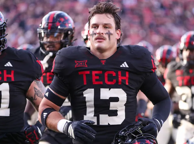 Texas Tech's Ben Roberts jogs off the field prior to a Big 12 Conference football game, Saturday, Oct. 11, 2025, at Jones AT & T Stadium in Lubbock.
