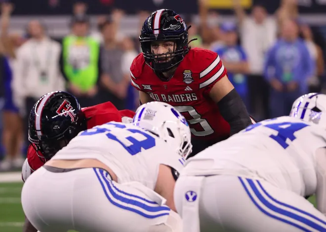 Texas Tech's Ben Roberts scans the BYU offense during the Big 12 Conference championship football game, Saturday, Nov. 6, 2025, at AT & T Stadium in Arlington.