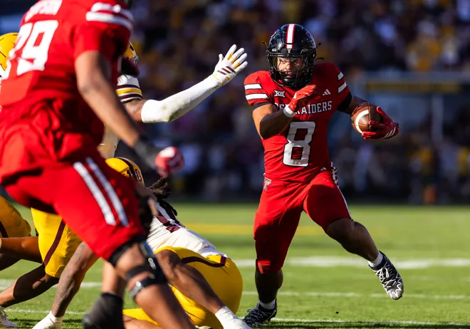 Oct 18, 2025; Tempe, Arizona, USA; Texas Tech Red Raiders running back Cameron Dickey (8) against the Arizona State Sun Devils at Mountain America Stadium. Mandatory Credit: Mark J. Rebilas-Imagn Images