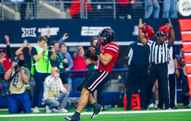 Dec 6, 2025; Arlington, TX, USA; Texas Tech Red Raiders running back Cameron Dickey (8) runs for a touchdown during the second half against the BYU Cougars at AT & T Stadium. Mandatory Credit: Kevin Jairaj-Imagn Images