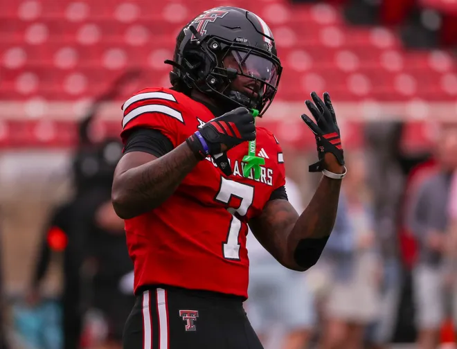 Texas Tech's Terrance Carter Jr. gestures before a non-conference football game, Saturday, September 6, 2025, at Jones AT & T Stadium.