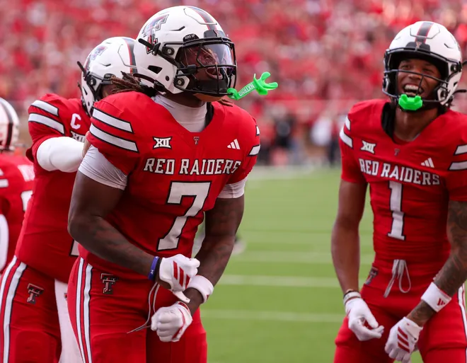 Texas Tech's Terrance Carter Jr. celebrates his touchdown against Arkansas-Pine Bluff during a non-conference football game, Saturday, August 30, 2025, at Jones AT & T Stadium.