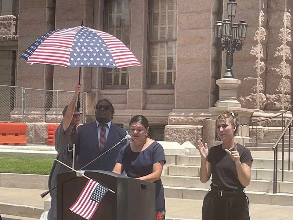 Texas House District 49 candidate Montserrat Garibay spoke at a disability rights protest outside the Texas Capitol on Friday. (Chaya Tong)