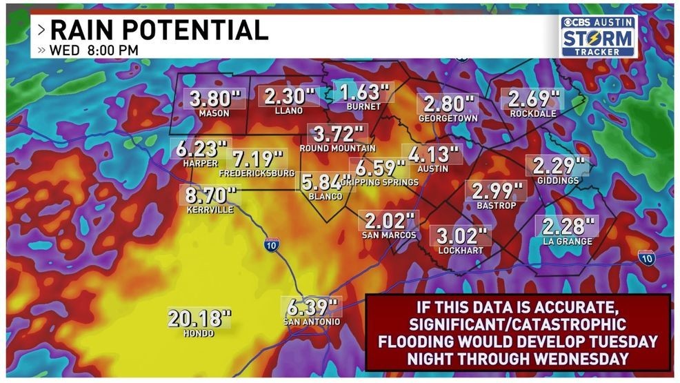 Areas west of San Antonio could receive significant rainfall, potentially causing catastrophic flooding (CBS Austin)
