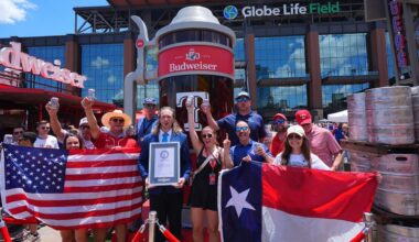 Guinness World Records adjudicator Thomas Bradford, center, cheers with others aftercertifying a world record for Largest Glass of Beer ahead of a baseball game between the Detroit Tigers and Texas Rangers, Saturday, July 4, 2026, in Arlington, Texas. (AP Photo/LM Otero)