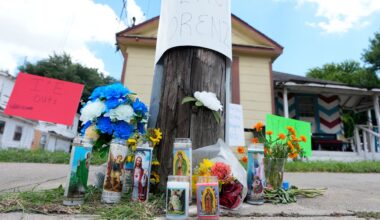 A makeshift memorial for Lorenzo Salgado Araujo, who was shot and killed by an ICE officer Tuesday, is shown Wednesday, July 8, 2026, in Houston. (AP Photo/David J. Phillip)