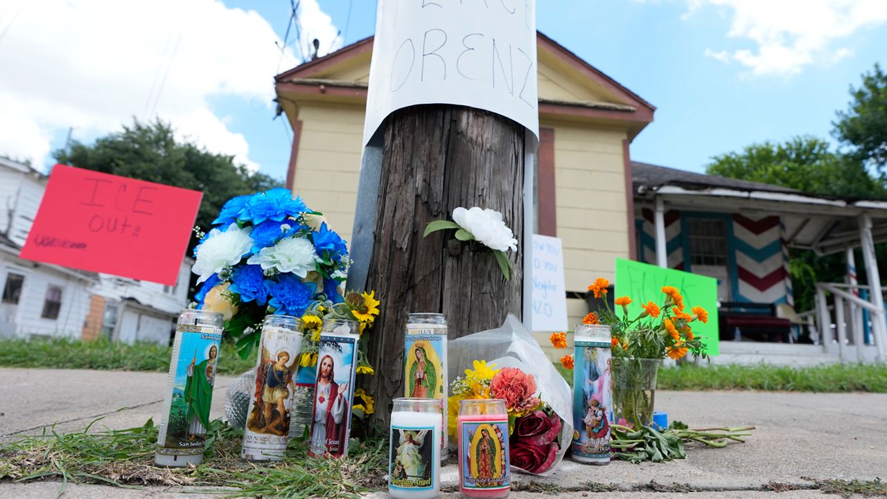 A makeshift memorial for Lorenzo Salgado Araujo, who was shot and killed by an ICE officer Tuesday, is shown Wednesday, July 8, 2026, in Houston. (AP Photo/David J. Phillip)