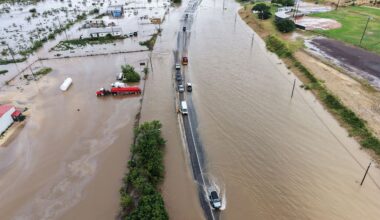 An aerial view shows flooding on Friday, July 17, 2026, in Ozona, Texas. (AP Photo/Gerald Herbert)