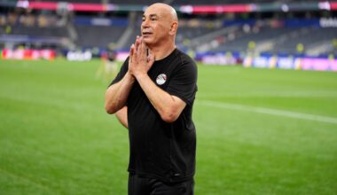 Egypt head coach Hossam Hassan reacts after winning a penalty shootout against Australia for the World Cup round of 32 soccer match in Arlington, Texas, near Dallas, Friday, July 3, 2026. (AP Photo/Tony Gutierrez)