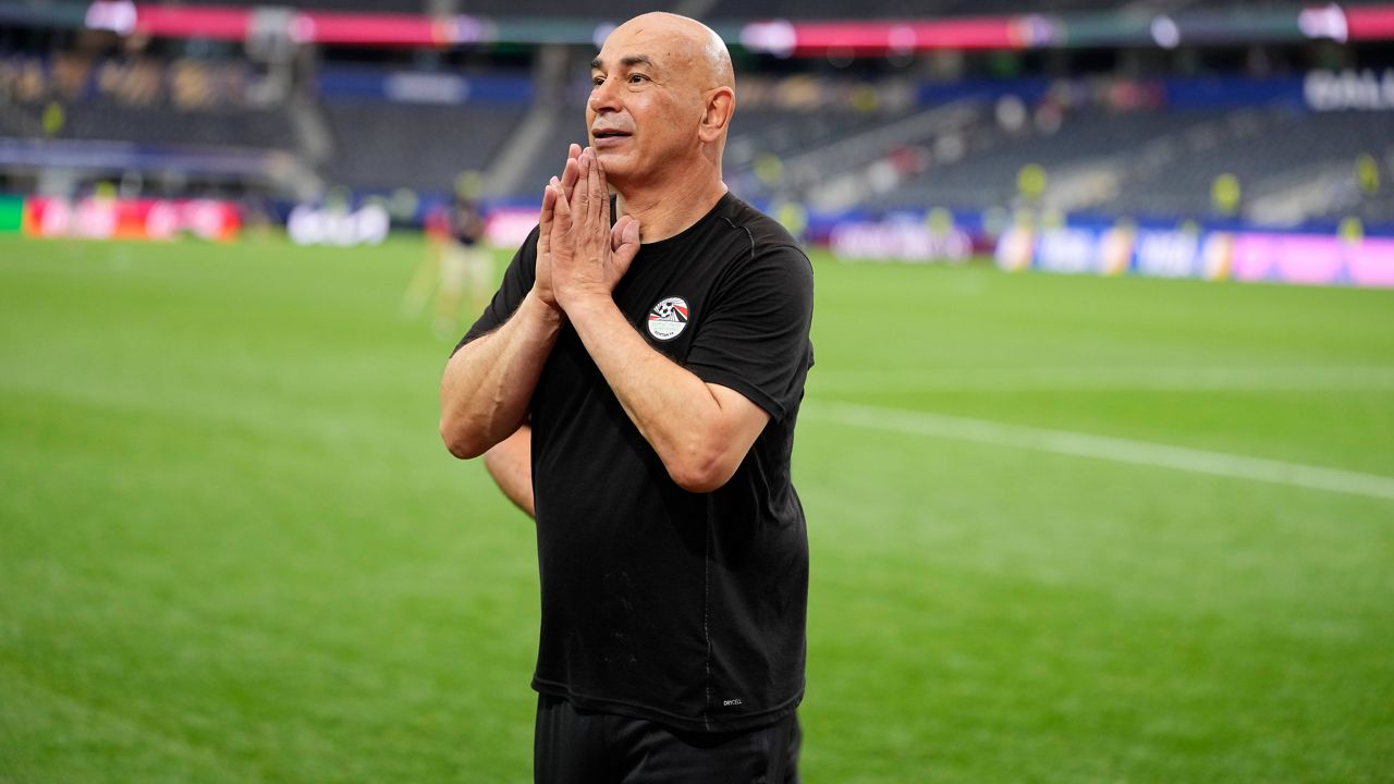 Egypt head coach Hossam Hassan reacts after winning a penalty shootout against Australia for the World Cup round of 32 soccer match in Arlington, Texas, near Dallas, Friday, July 3, 2026. (AP Photo/Tony Gutierrez)