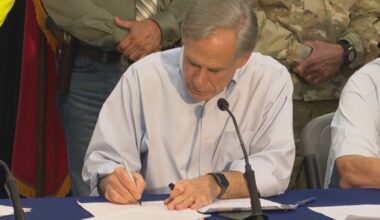 Texas Gov. Greg Abbott signing a major disaster declaration in Uvalde County on Friday, July 17, 2026. (Spectrum News 1)