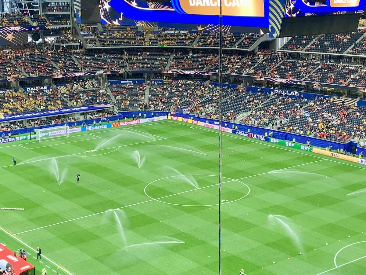 The field at AT&T Stadium is watered before the FIFA World Cup round of 32 match between Australia and Egypt on Friday, July 3, 2026, in Arlington.