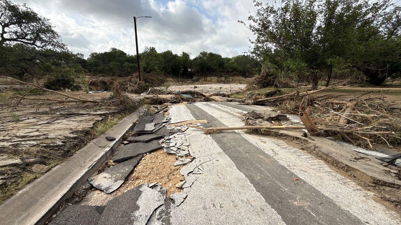 Flooding damage on Bluebonnet Drive looking at Town Creek Road in Kerrville, Texas, on Saturday, July 18, 2026. (Spectrum News 1/Courtney Davis)
