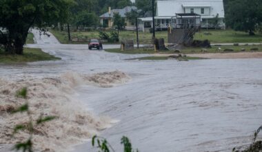 Water flows along the Guadalupe River on Thursday, July 16, 2026, in Center Point, Texas.