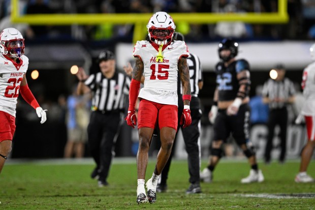 Houston defensive back Will James (15) reacts after making a tackle during the second half of an NCAA college football game against Central Florida, Friday, Nov. 7, 2025, in Orlando, Fla. (AP Photo/Phelan M. Ebenhack)