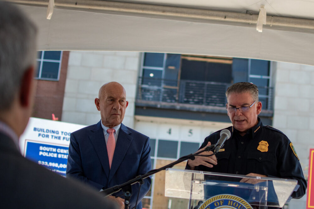 Houston Mayor John Whitmire and Houston Police Department Chief J. Noe Diaz speak at a HPD facility ground breaking on July 9, 2026.