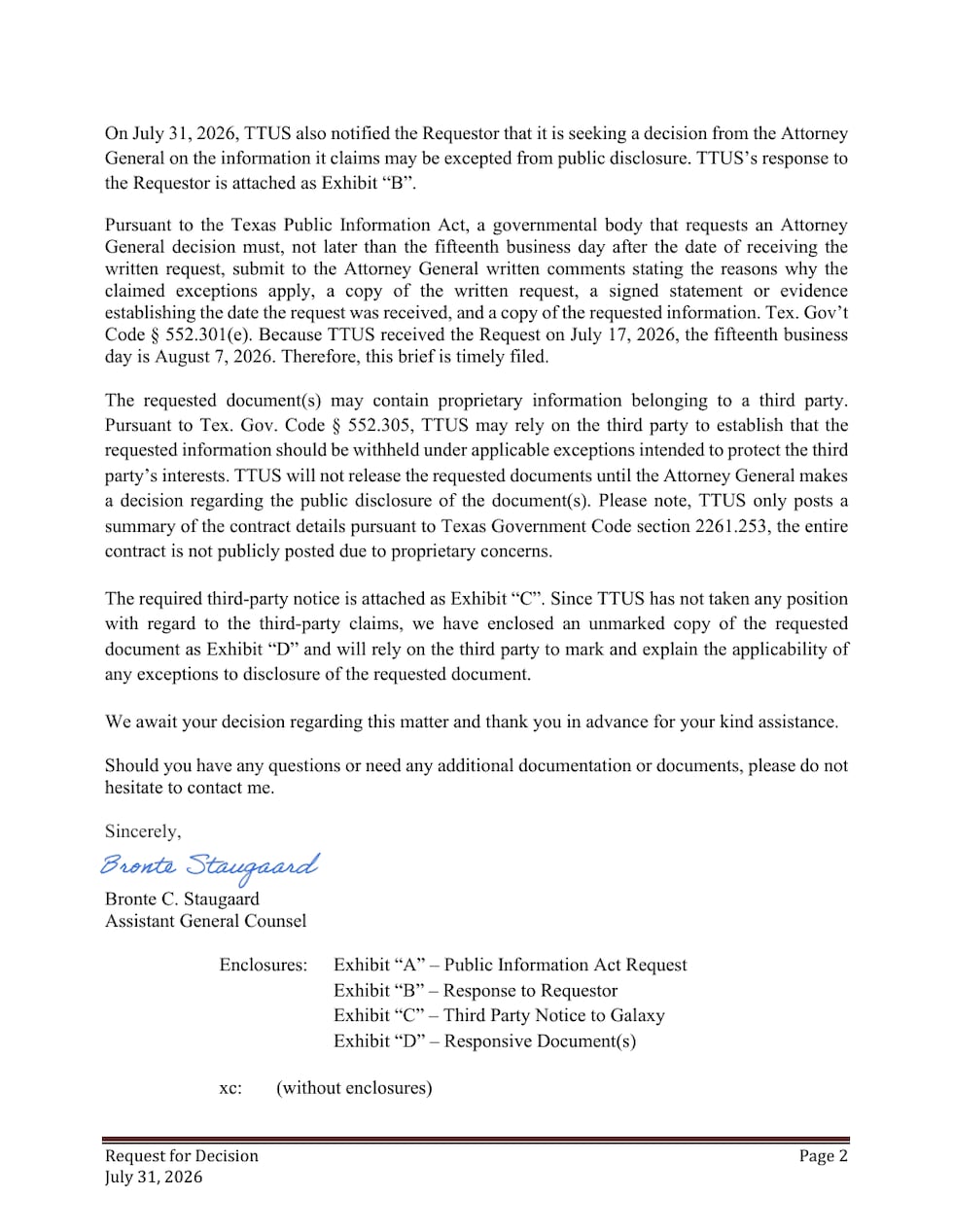 Texas Tech University System Office of General Counsel response