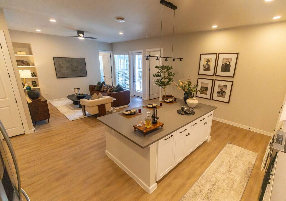 A two bedroom floor plan is demonstrated at The Vickery apartments on Vickery Boulevard in Fort Worth on July 10, 2026.