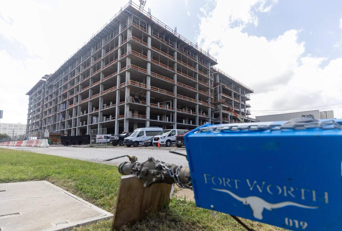 A building under construction stands on 7th Street in Fort Worth on July 15, 2026.