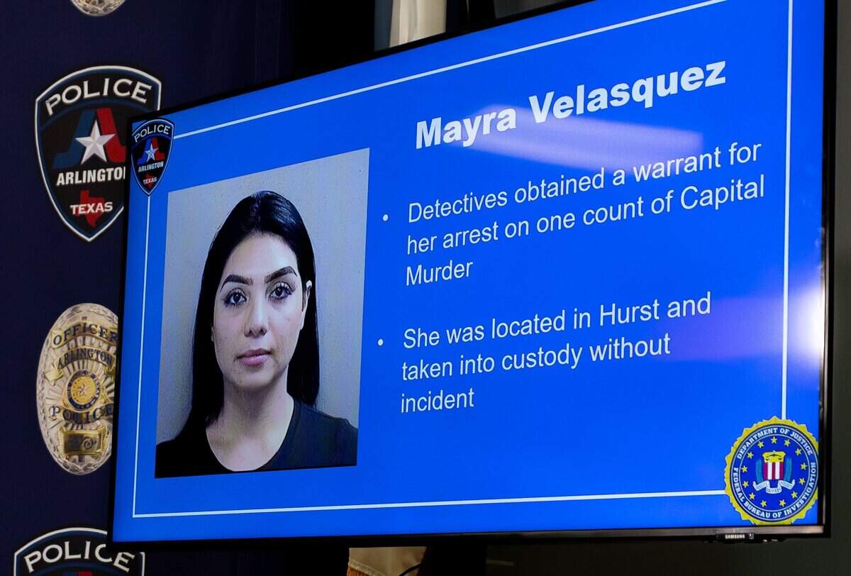 A picture of Mayra Velasquez is shown during an Irasema Chavez cold case conference at the Arlington Police Headquarters on July 22, 2026. Valasquez has been arrested and charged with capital murder.