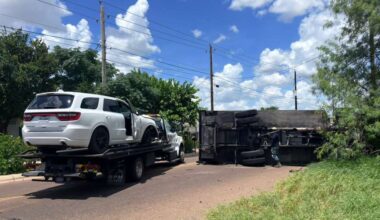 Box trailer overturns on Corpus Christi St., closes both lanes