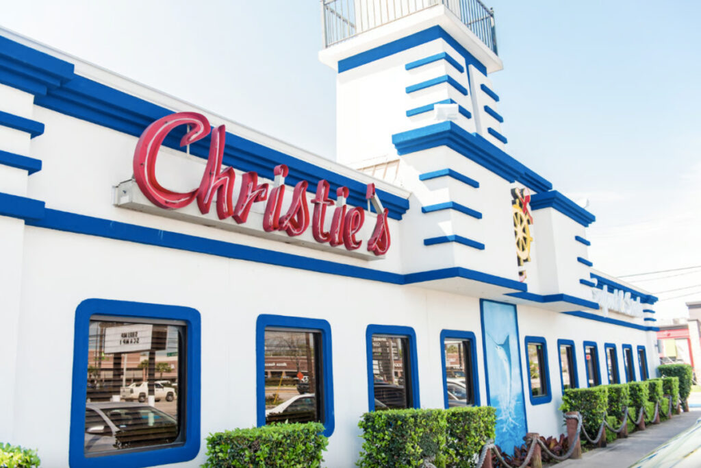 Image shows the exterior of Christie's Seafood & Steaks restaurant in Houston.