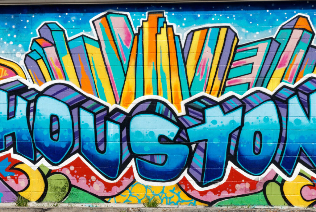 Image shows a mural with the word