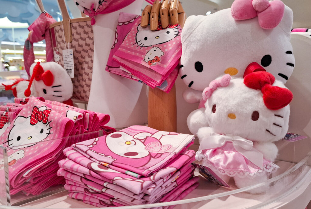 Image shows Hello Kitty merchandise and toys.