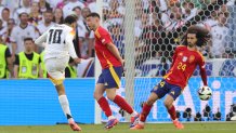 STUTTGART, GERMANY - JULY 5: Hand play by Cucurella of Spain after Jamal Musiala's shot is not penalized by VAR during the UEFA EURO 2024 quarter-final match between Spain and Germany at Stuttgart Arena on July 5, 2024 in Stuttgart, Germany. (Photo by Ralf Ibing - firo sportphoto/Getty Images)