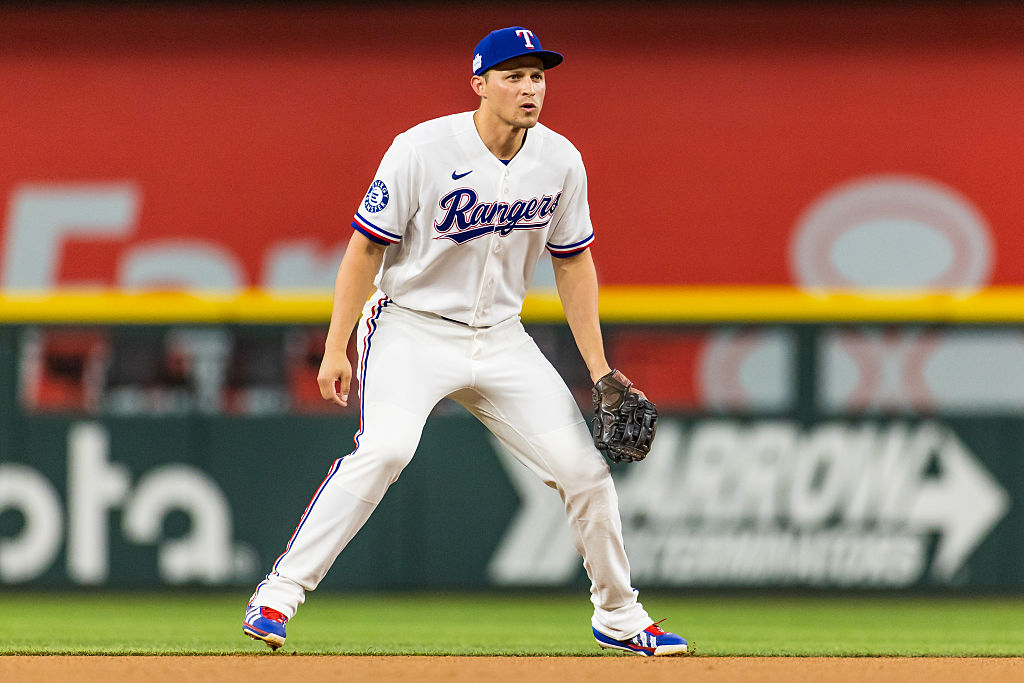 ARLINGTON, TEXAS - JUNE 06: Corey Seager #5 of the Texas Rangers prepares for a pitch during a game against the Cleveland Guardians at Globe Life Field on June 06, 2026 in Arlington, Texas. (Photo by John E. Moore III/Getty Images)