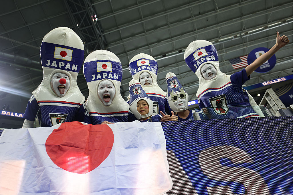 ARLINGTON, TEXAS – JUNE 14: Japan fans cheer in the stands during the FIFA World Cup 2026 Group F match between Netherlands and Japan at Dallas Stadium on June 14, 2026 in Arlington, Texas. (Photo by Charlotte Wilson/Getty Images)