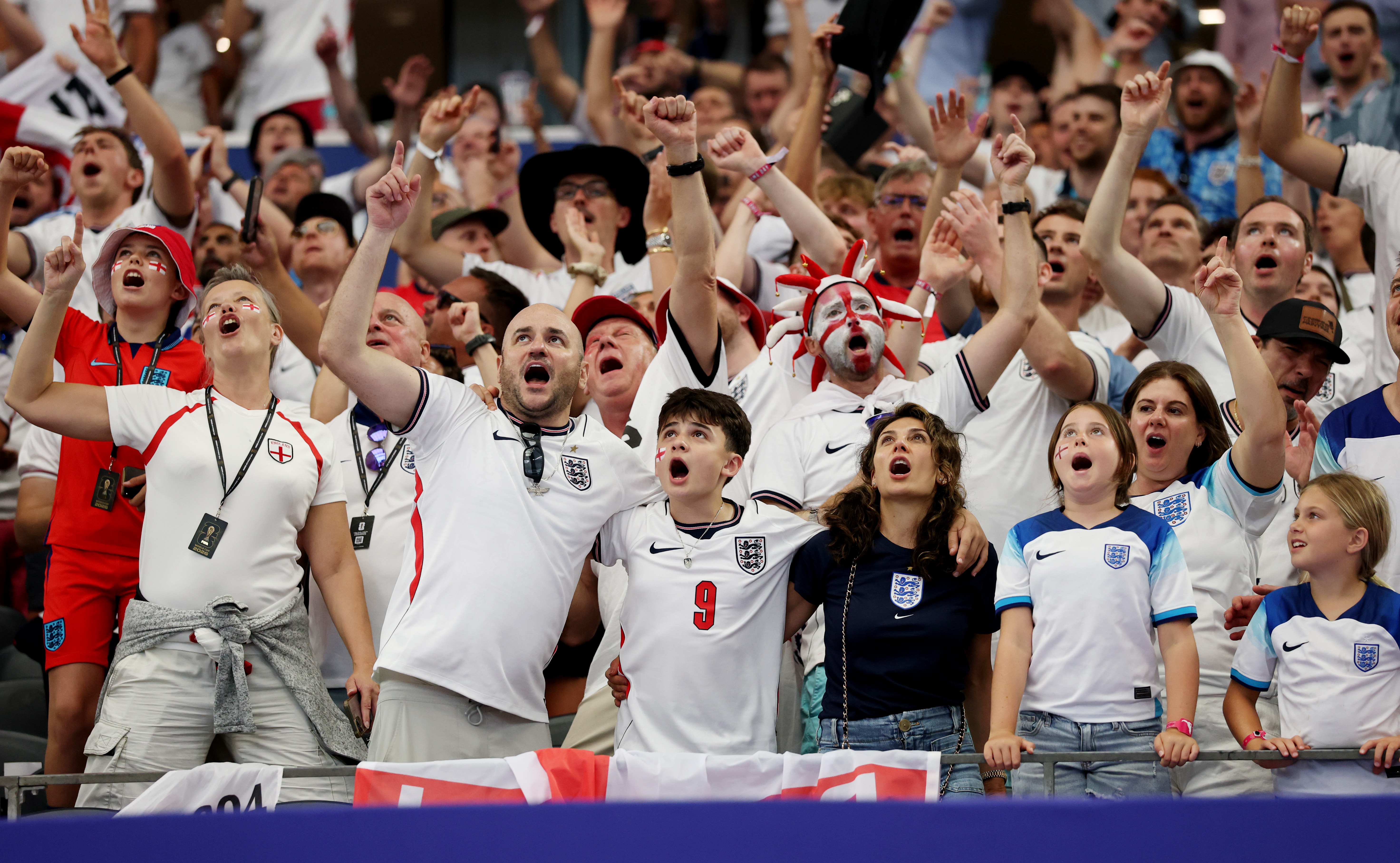 England fans celebrate during the FIFA World Cup 2026 match between England and Croatia at Dallas Stadium on June 17, 2026 in Arlington, Texas.