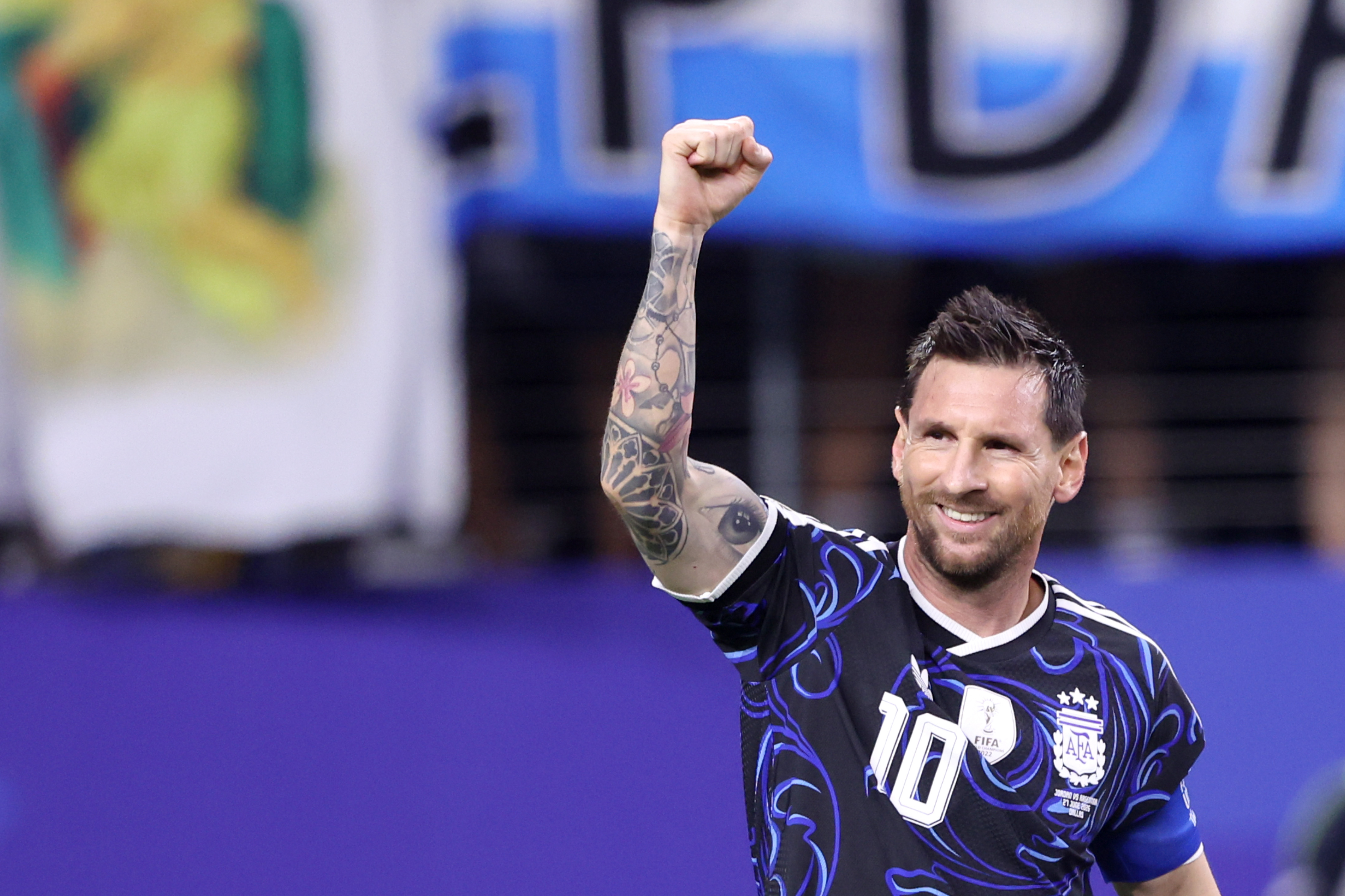 Lionel Messi of Argentina celebrates after becoming the first player to score in 7 World Cup matches in a row, at the Dallas Stadium on June 27, 2026.