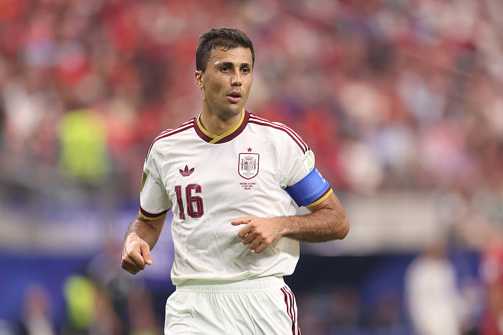 ARLINGTON, TEXAS - JULY 06: Rodri of Spain during the FIFA World Cup 2026 Round Of 16 match between Portugal and Spain at Dallas Stadium on July 06, 2026 in Arlington, Texas. (Photo by Catherine Ivill - AMA/Getty Images)