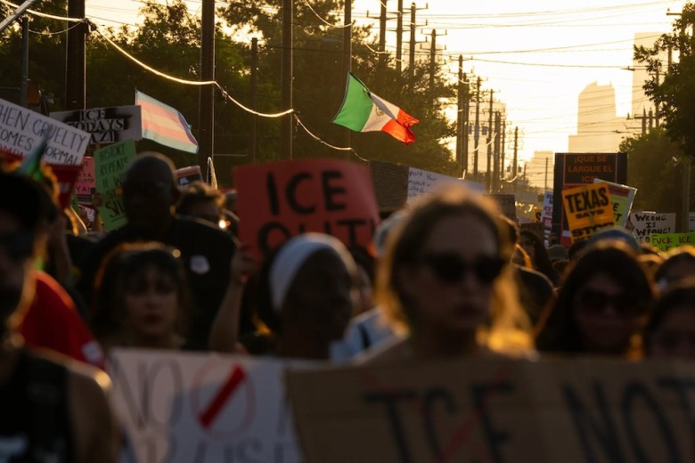 People march to protest the killing of Lorenzo Salgado Araujo on July 8, 2026, in Houston.