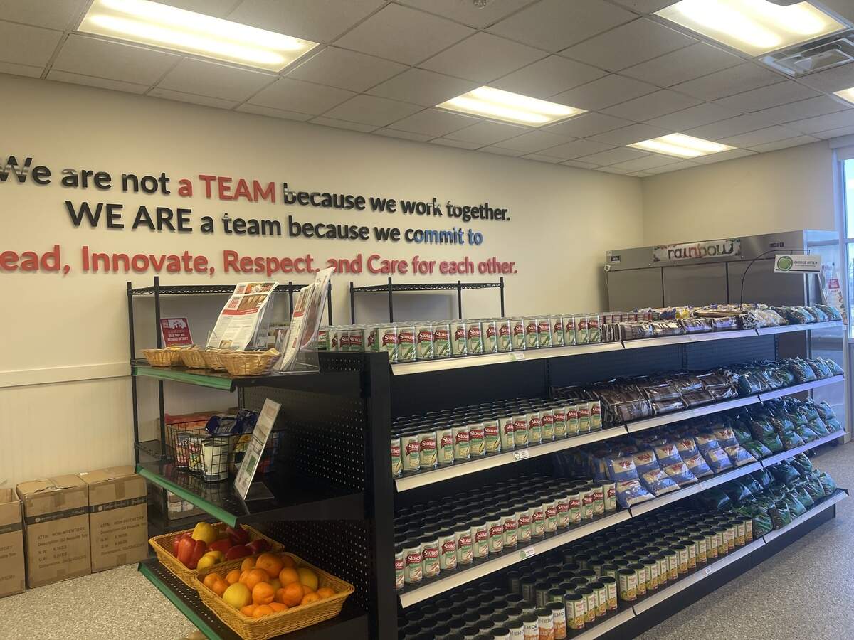 A model market in the Tarrant Area Food Bank distribution Center that models the markets implemented in Schools through the Ready To Learn Program.