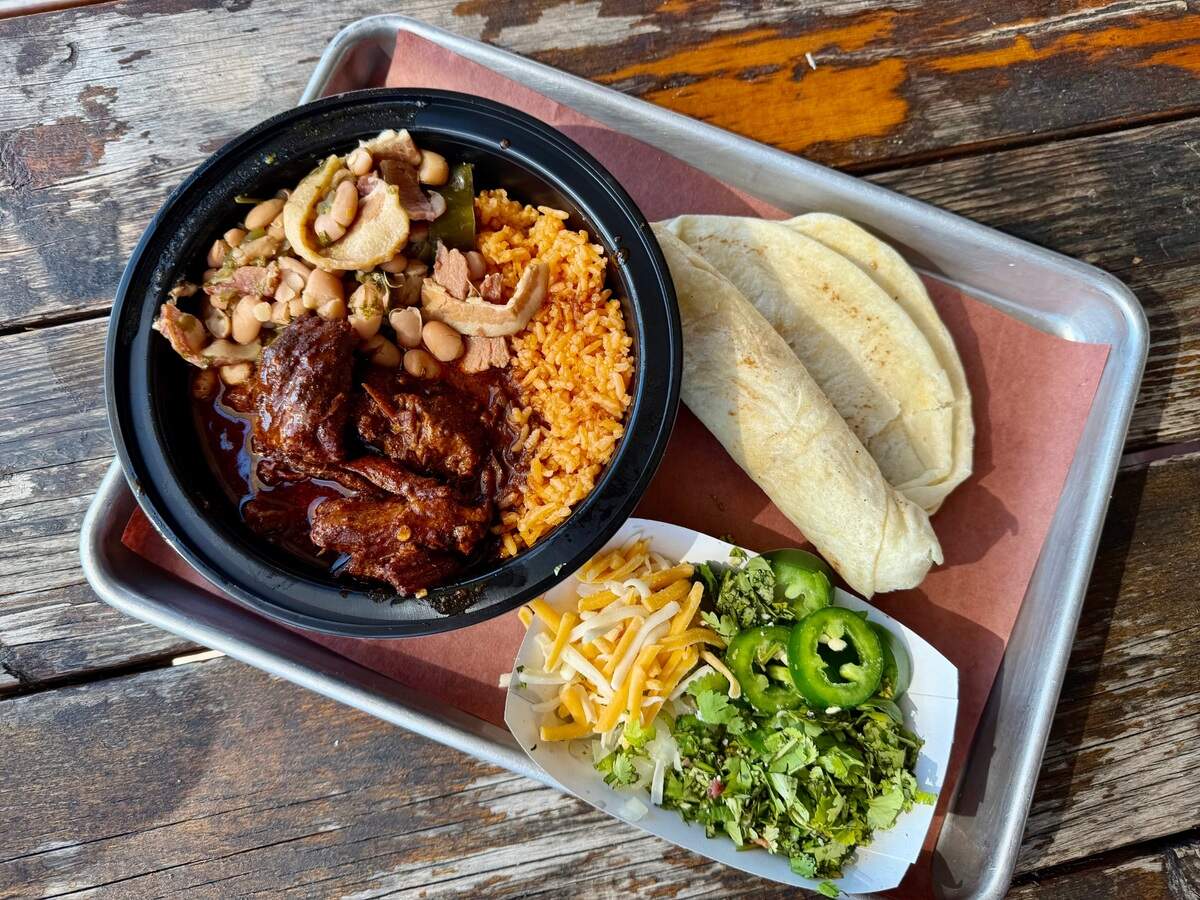 The “South Side power bowl” at Panther City BBQ includes spicy carne guisada made with prime brisket, plus rice, beans and tortillas, seen Nov. 9, 2024.