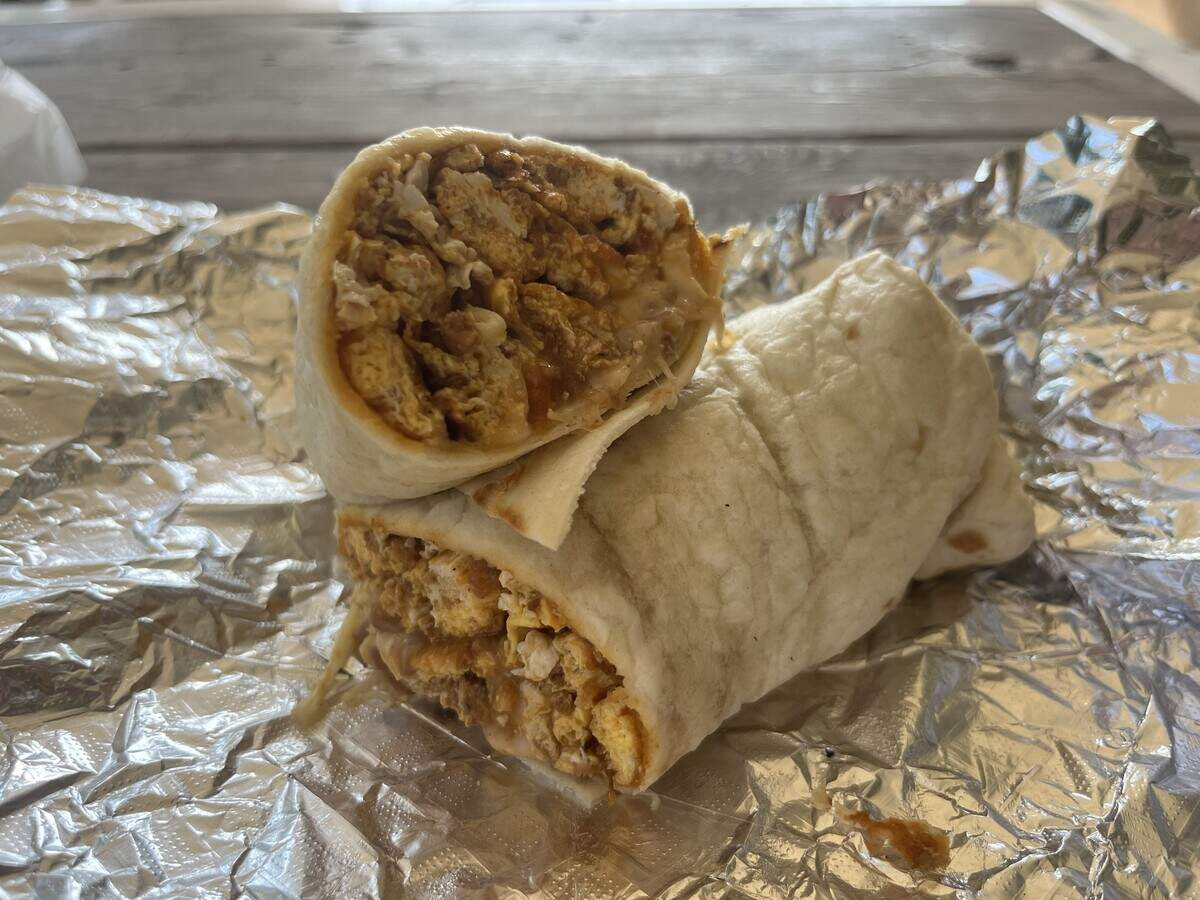 Breakfast burrito with eggs, chorizo, beans and cheese from La Nueva De Zacatecas on McCart Avenue in Fort Worth.