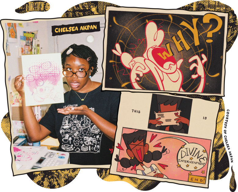 Chelsea Akpan with some of her comics