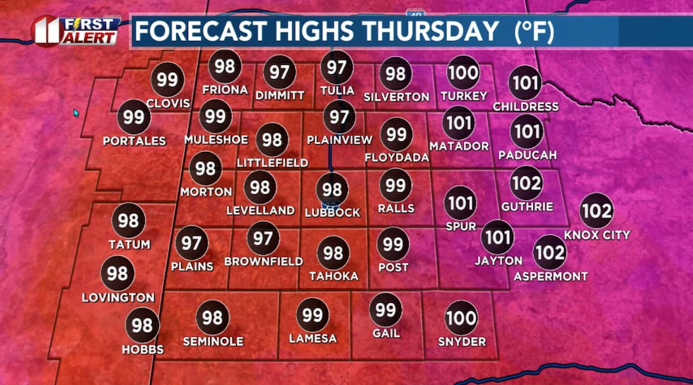 Temperatures Thursday afternoon will peak five or more degrees above average.