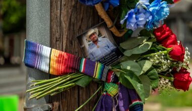 A makeshift memorial for Lorenzo Salgado Araujo, a 52-year-old Mexican immigrant who was shot by an ICE agent, at the site of the incident in Houston on July 8, 2026.